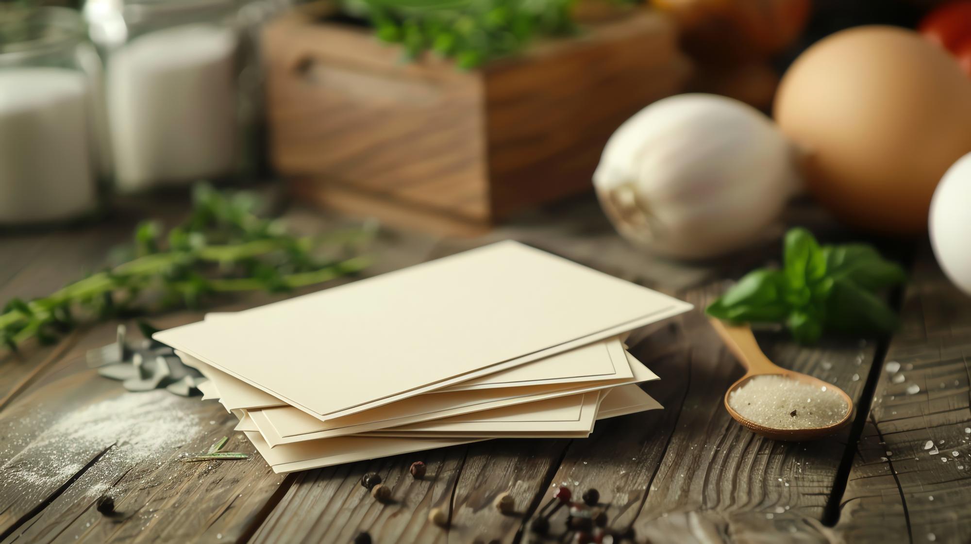 Stack of printed recipe cards and specifications